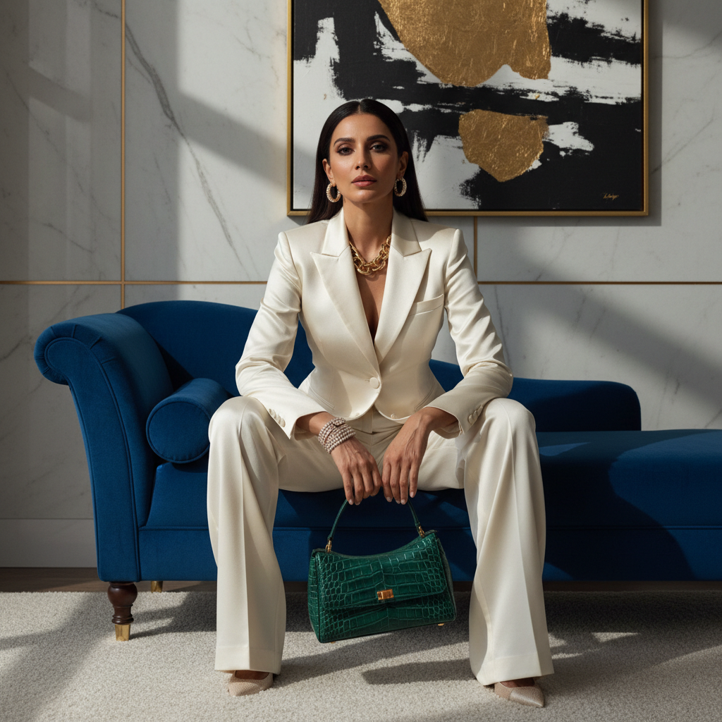 Model in ivory tailored suit with emerald croc handbag on a blue chaise