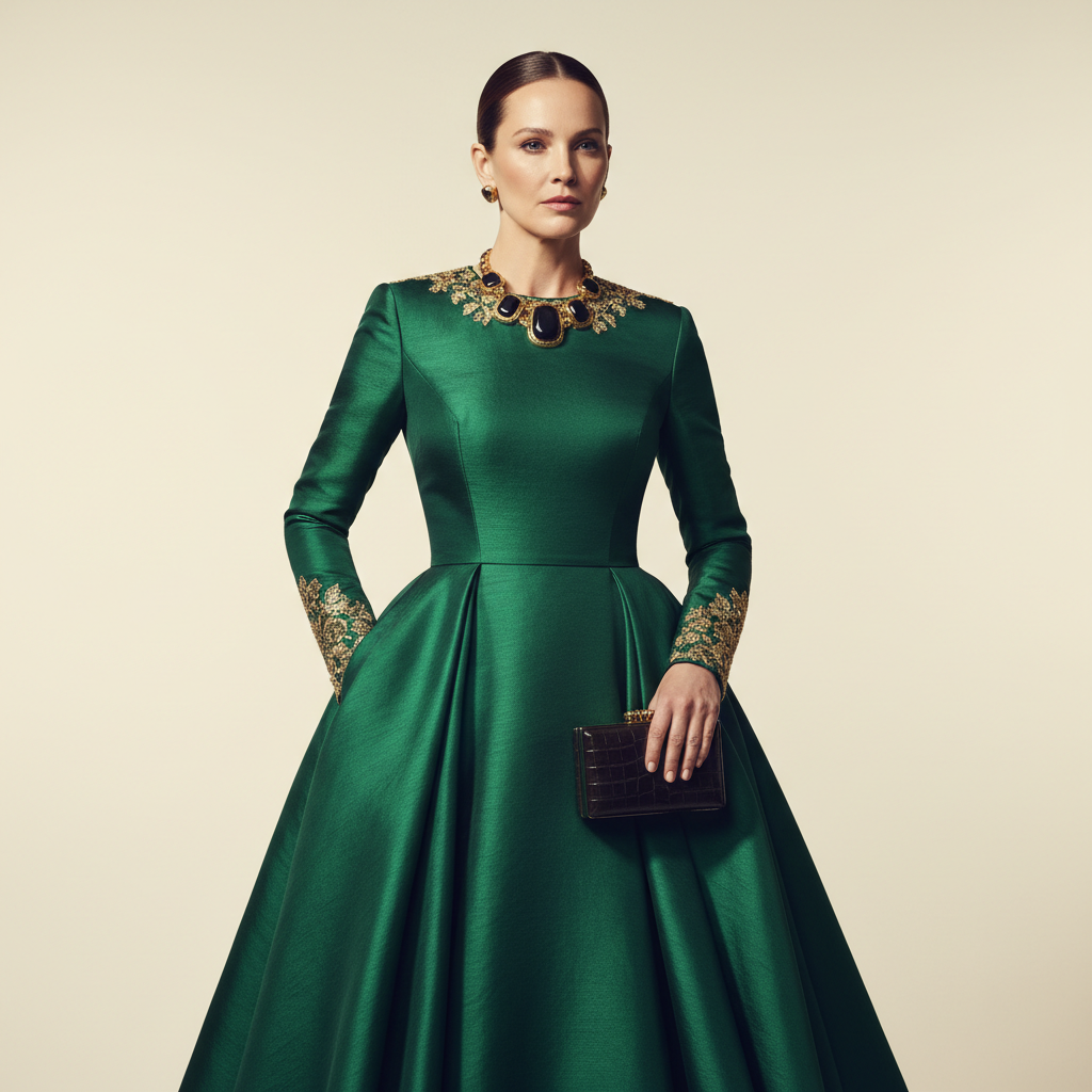 Model in emerald green long-sleeve gown with gold embroidery