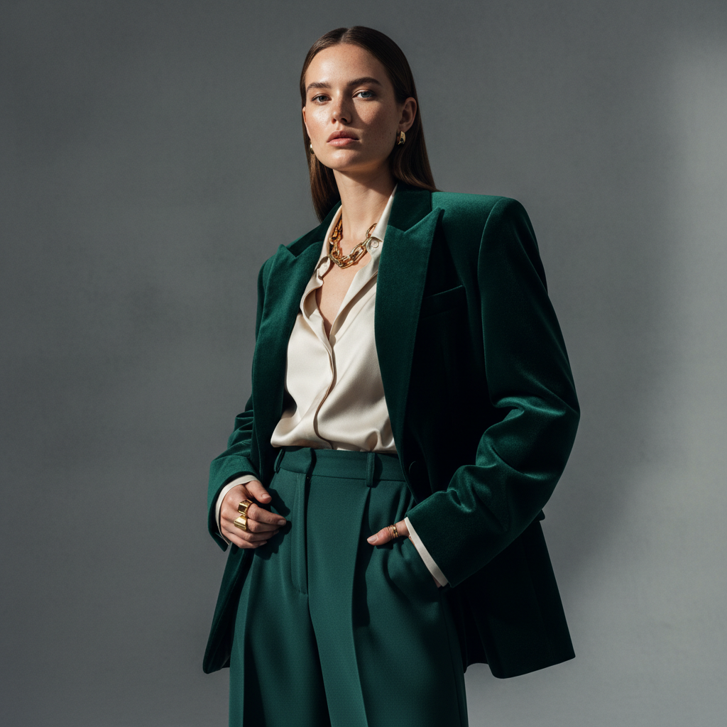 Model in emerald velvet blazer and trousers over an ivory silk blouse