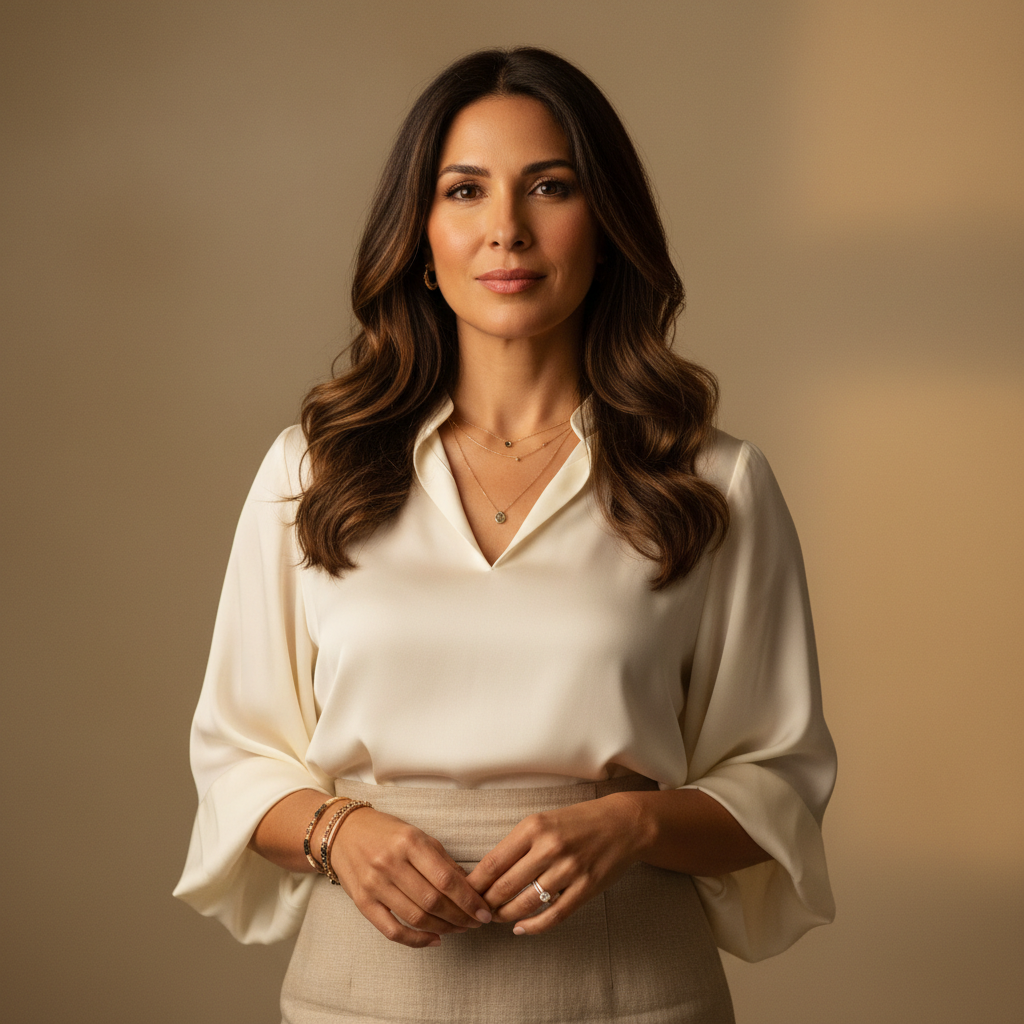 Model in ivory silk blouse with delicate gold necklaces