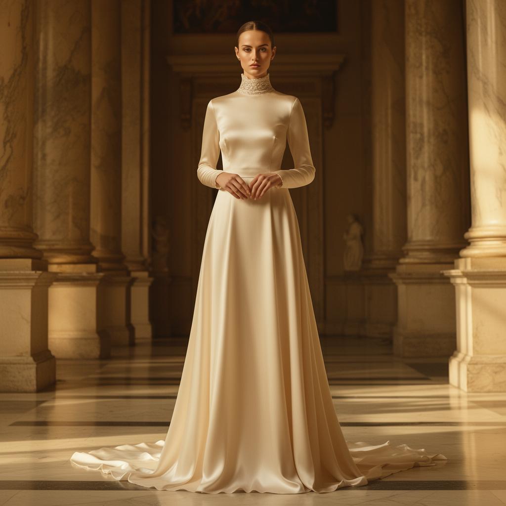 Fashion model in a flowing ivory silk modest gown with high neckline in a marble palace hall