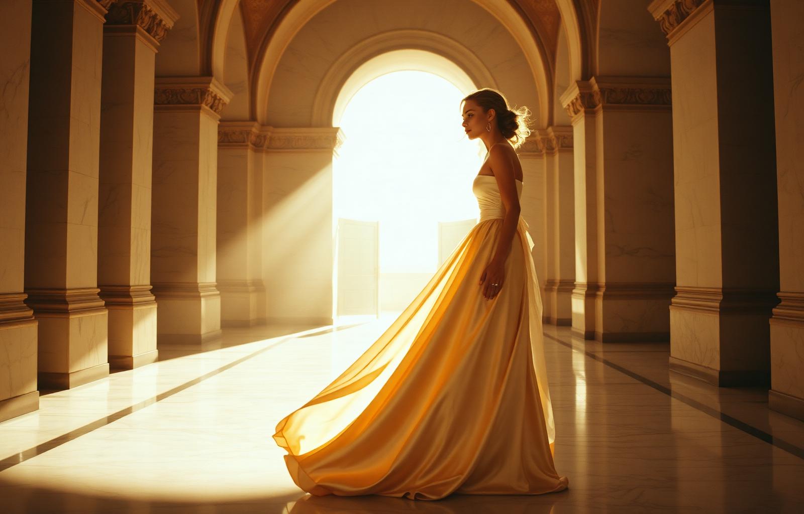 Woman in champagne silk gown standing in a sunlit marble atrium