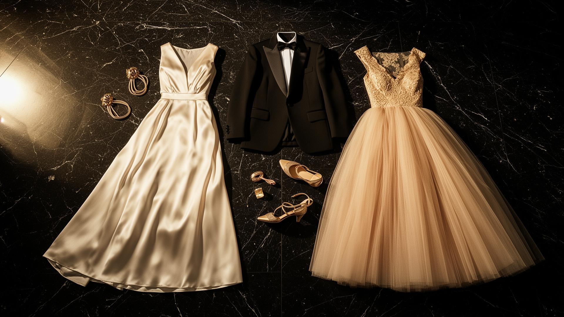 Editorial flat-lay of an ivory gown, black tuxedo and champagne tulle dress on dark marble