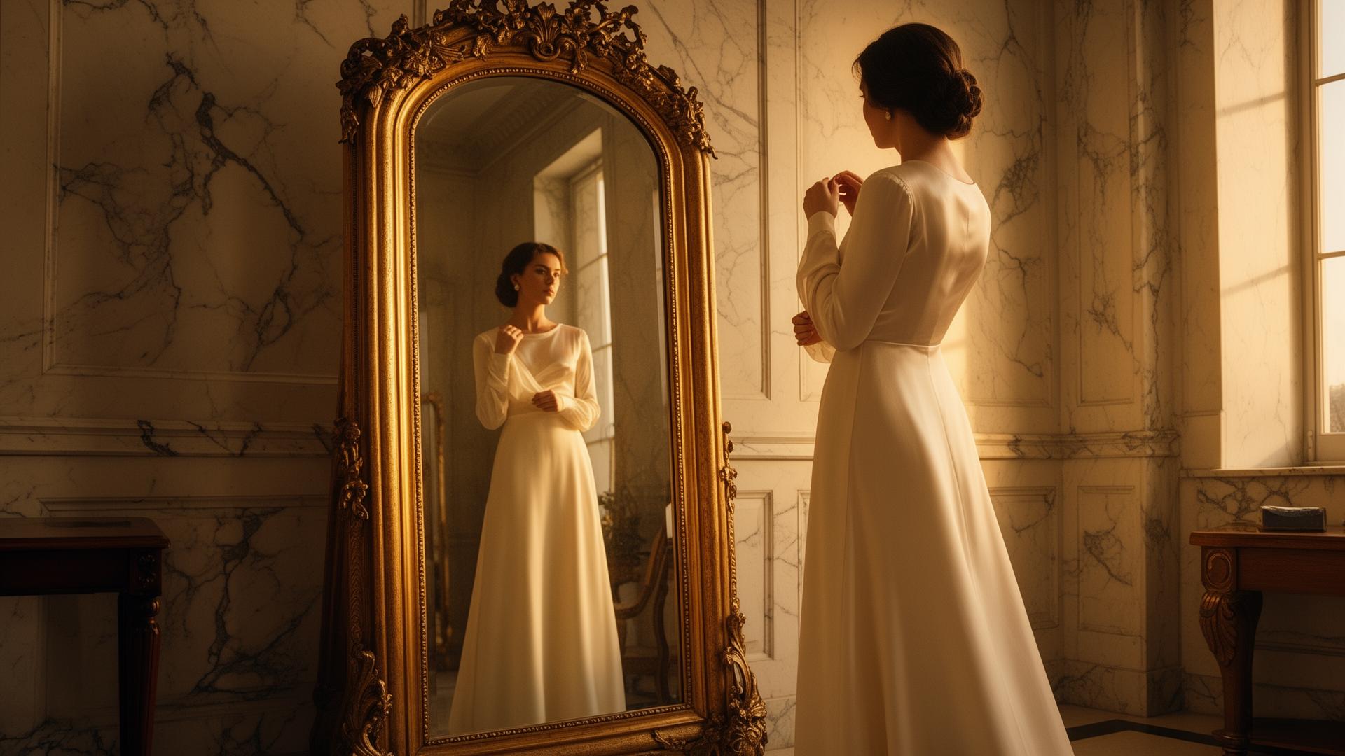 Woman in ivory silk gown before a gilded mirror in a marble dressing room