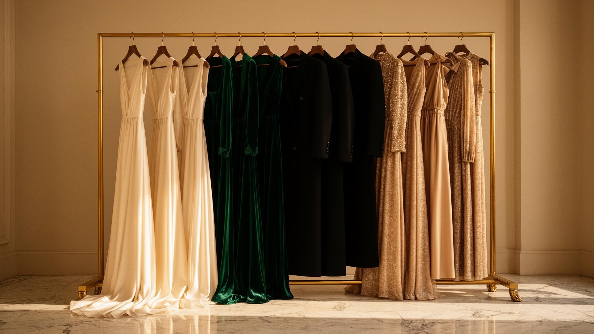 Editorial atelier garment rack with ivory silk, emerald velvet and tailored black coats