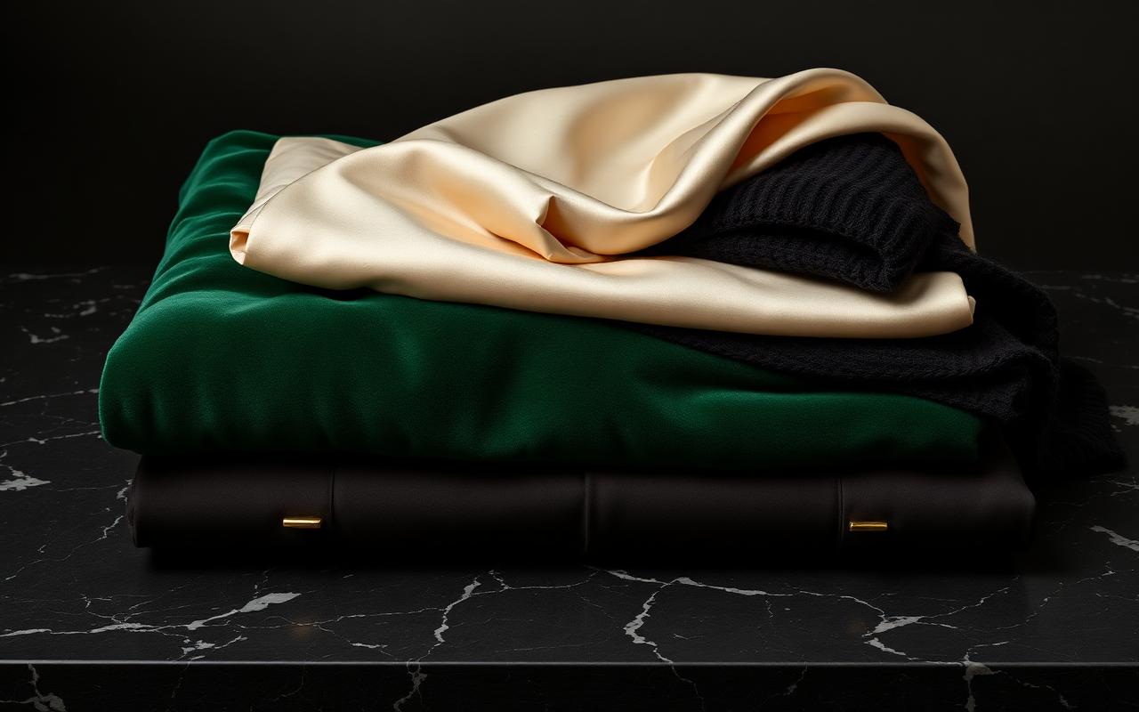 Folded luxury garments in emerald, ivory, and black on dark marble